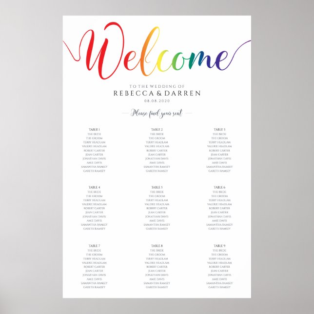9 Table Gay Pride Rainbow Wedding Seating Chart (Front)