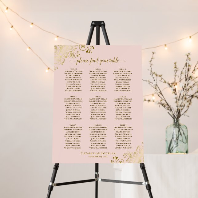 9 Table Golden Curls Pink Wedding Seating Chart Foam Board (In Situ (Stand))