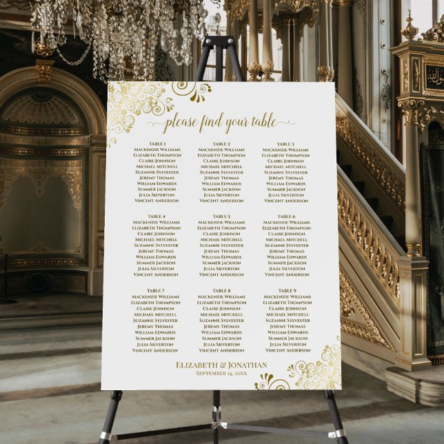 9 Table Golden Curls White Wedding Seating Chart Foam Board (In Situ on Stand at Venue)