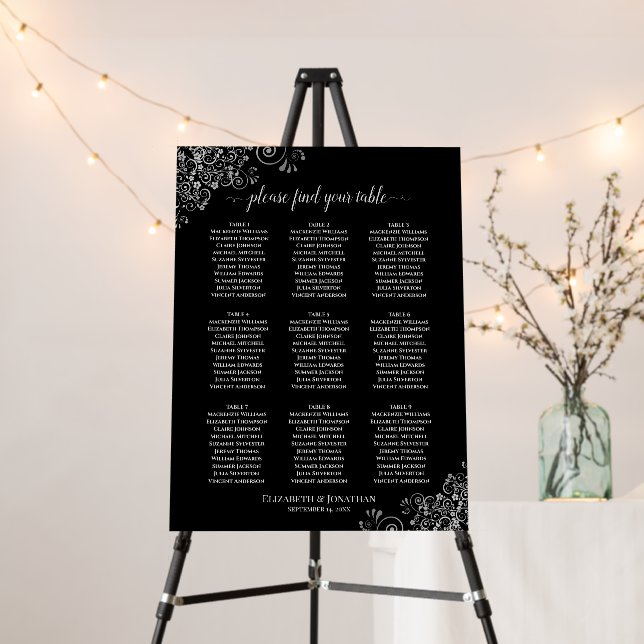 9 Table Lacy Silver on Black Wedding Seating Chart Foam Board (In Situ (Stand))