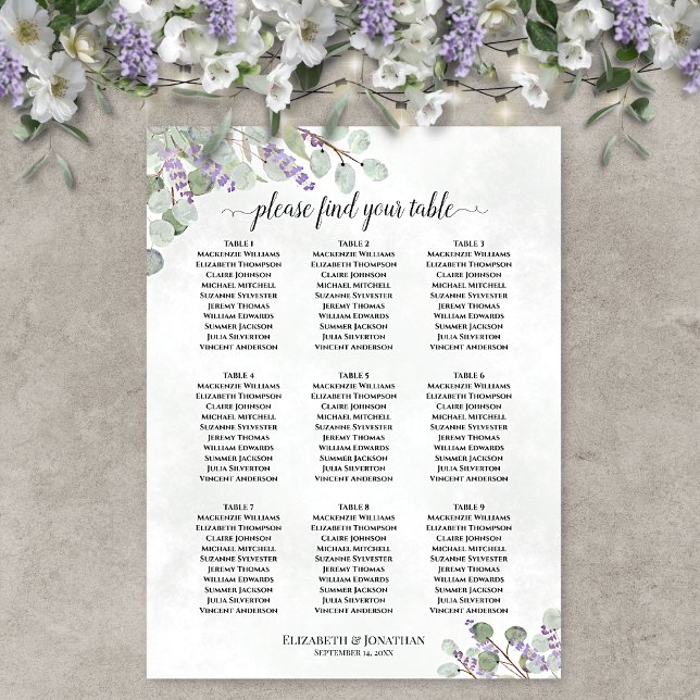 9 Table Lavender Eucalyptus Wedding Seating Chart (In Situ on Wall with Decorations)