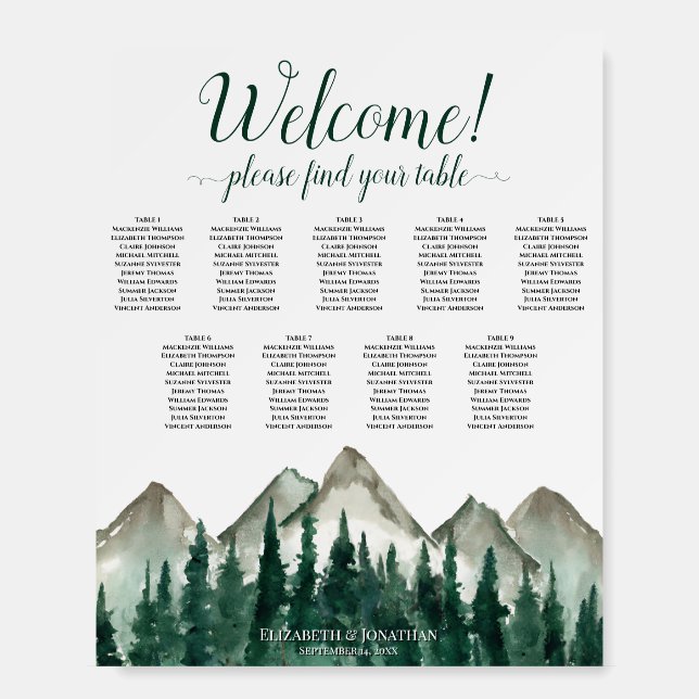 9 Table Mountains & Pine Wedding Seating Chart Foam Board (Front)