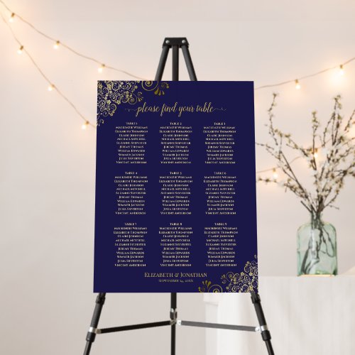 9 Table Navy Blue Gold Lace Wedding Seating Chart Foam Board