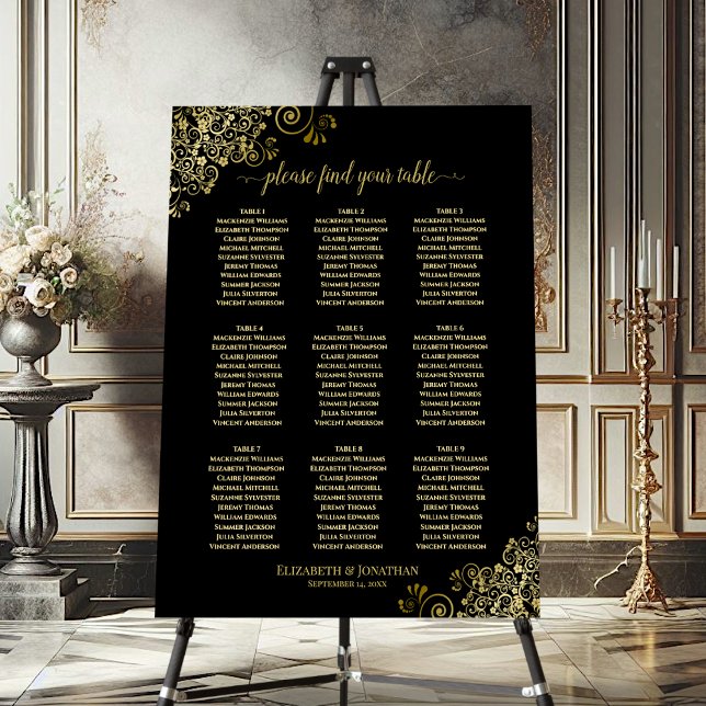 9 Table Ornate Gold & Black Wedding Seating Chart Foam Board (On Stand)