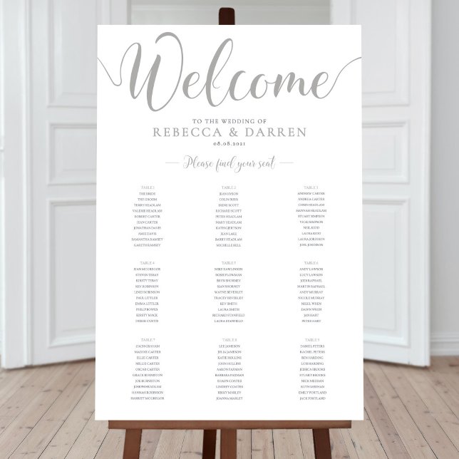 9 Table Personalized Silver Wedding Seating Chart (Creator Uploaded)