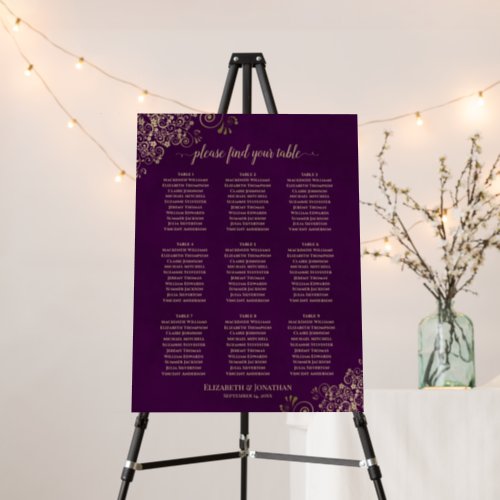 9 Table Purple  Gold Lace Wedding Seating Chart Foam Board