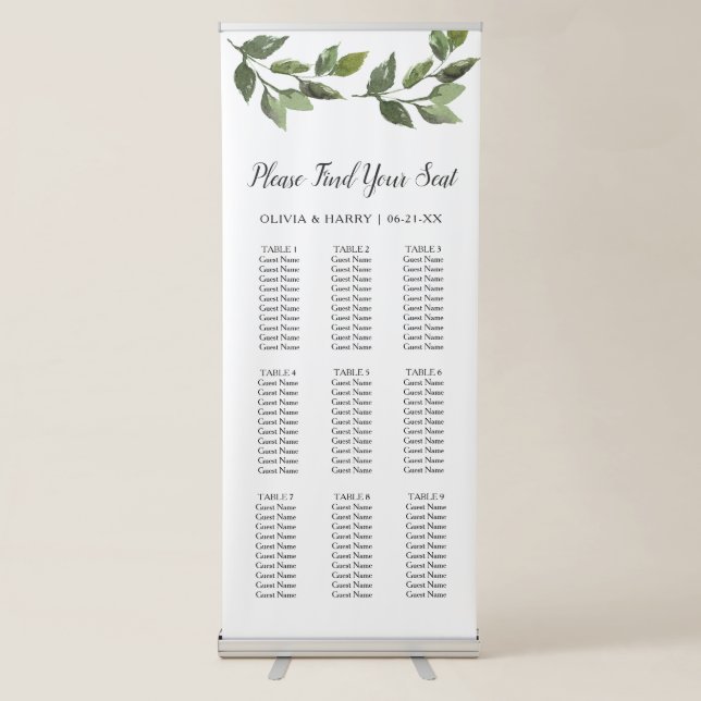 9 Table Rustic Greenery Wedding Seat Chart Banner (Front)