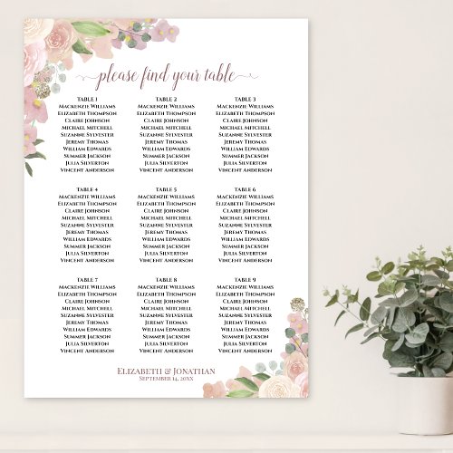 9 Table Rustic Pink Floral Wedding Seating Chart