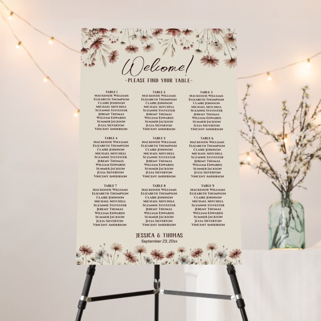 9 Table Rustic Wildflowers Wedding Seating Chart Foam Board (In Situ (Stand))