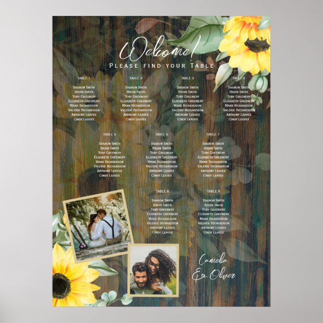 9 Table Rustic Wood SUNFLOWERS PHOTO SEATING Poster (Front)