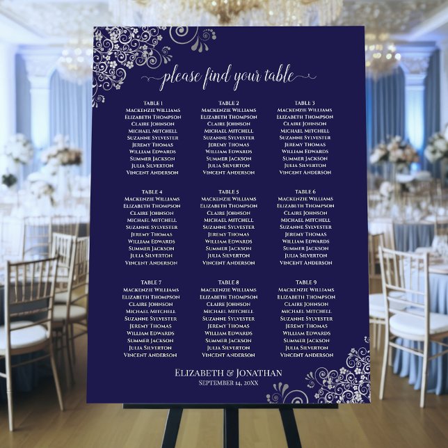 9 Table Silver Curls on Navy Wedding Seating Chart Foam Board (On Stand at Reception)