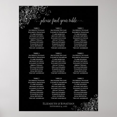 9 Table Silver Frills Wedding Seating Chart Black