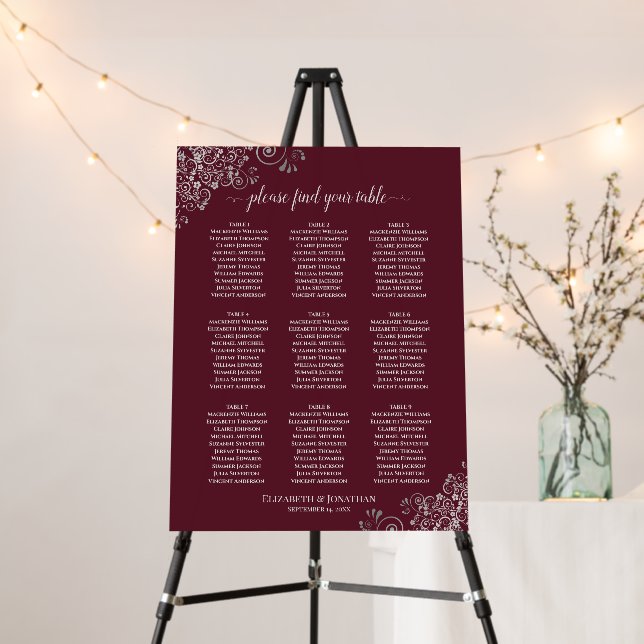 9 Table Silver Lace Burgundy Wedding Seating Chart Foam Board (In Situ (Stand))