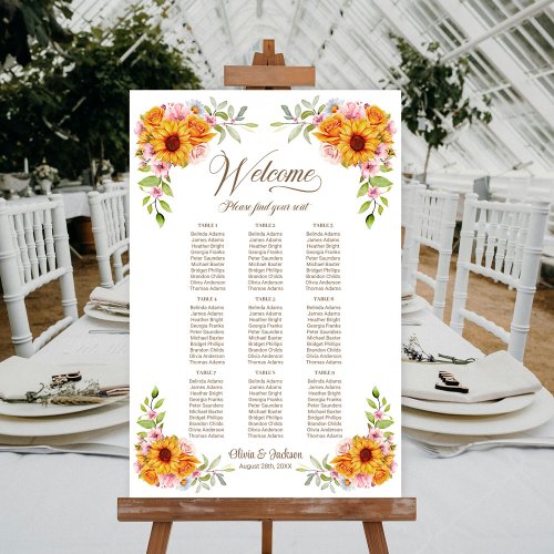 9 Table Sunflower Rose Wedding Seating Chart