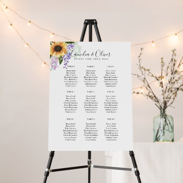 9 Table Sunflowers Wisteria SEATING CHART  Foam Bo Foam Board (In Situ (Stand))