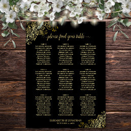 9 Table Wedding Seating Chart Black w/ Gold Frills