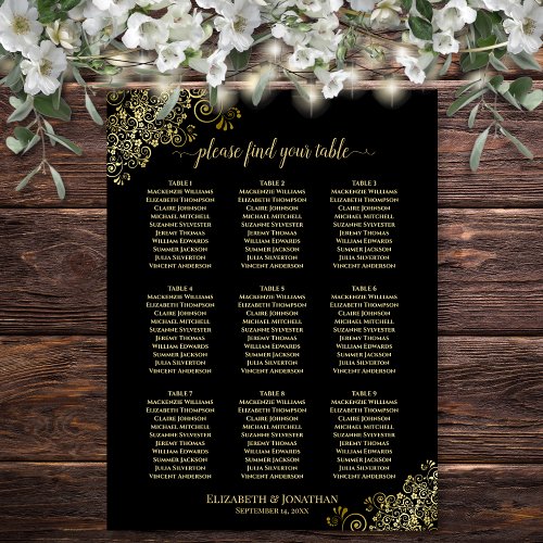 9 Table Wedding Seating Chart Black w Gold Frills