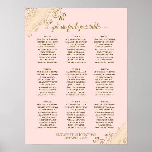 9 Table Wedding Seating Chart Blush Pink  Gold