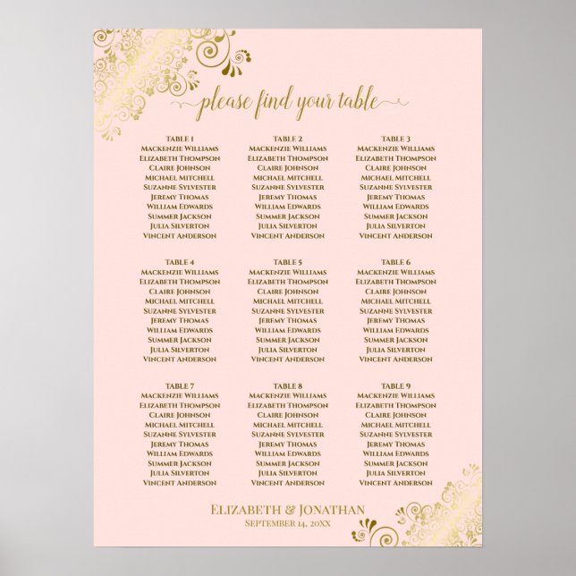 9 Table Wedding Seating Chart Blush Pink & Gold (Front)