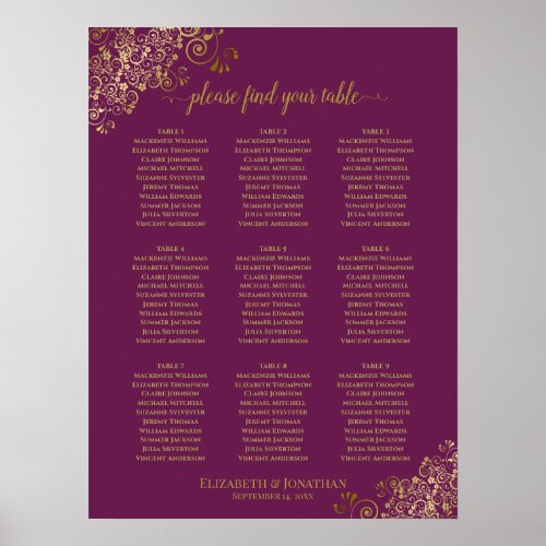 9 Table Wedding Seating Chart Cassis Purple  Gold