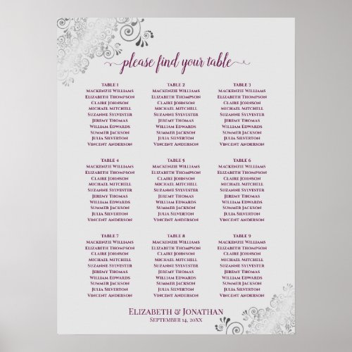 9 Table Wedding Seating Chart Cassis Purple  Gray