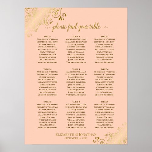 9 Table Wedding Seating Chart Coral Peach  Gold