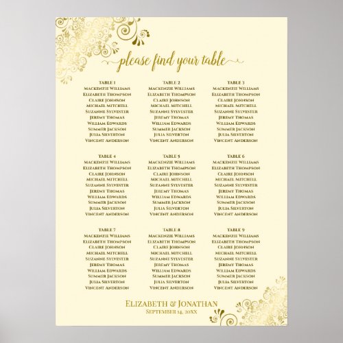 9 Table Wedding Seating Chart Cream w Gold Frills
