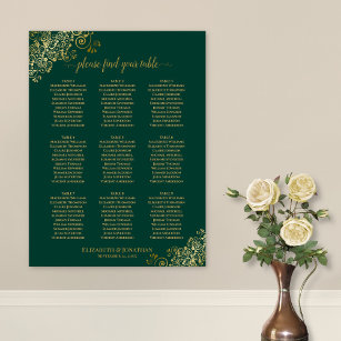 9 Table Wedding Seating Chart Emerald Green & Gold