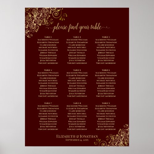 9 Table Wedding Seating Chart Gold Lace on Auburn