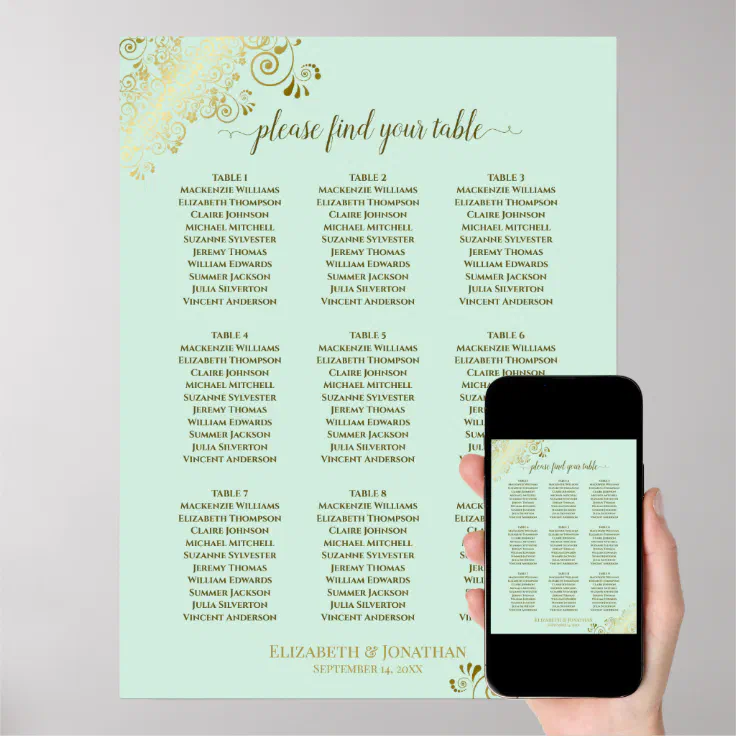 9 Table Wedding Seating Chart Mint Green & Gold Zazzle