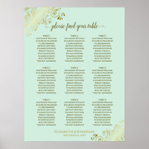 9 Table Wedding Seating Chart Mint Green & Gold