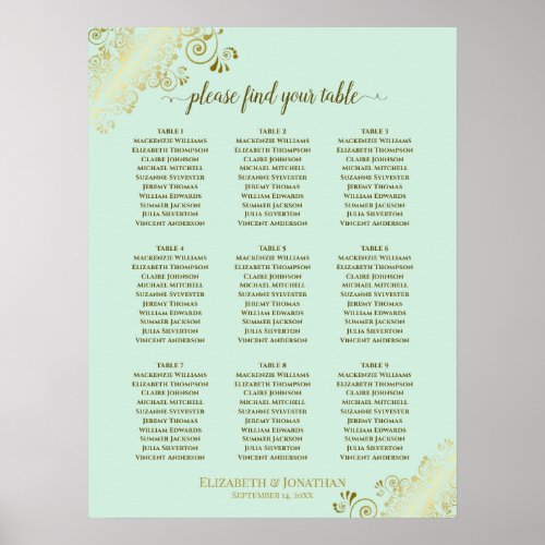 9 Table Wedding Seating Chart Mint Green  Gold