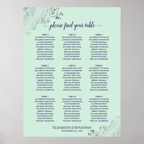 9 Table Wedding Seating Chart Mint Green  Navy