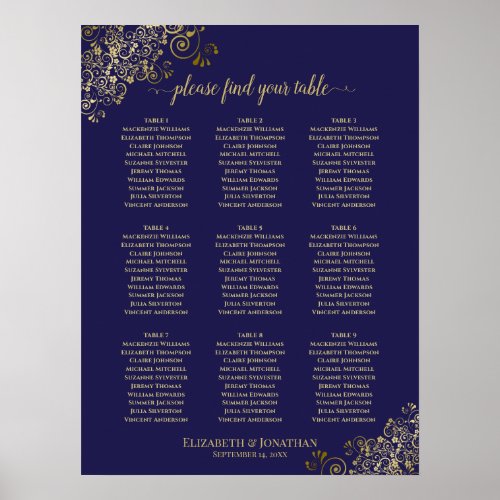 9 Table Wedding Seating Chart Navy Blue Lacy Gold