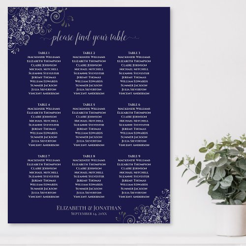9 Table Wedding Seating Chart Navy Blue  Silver