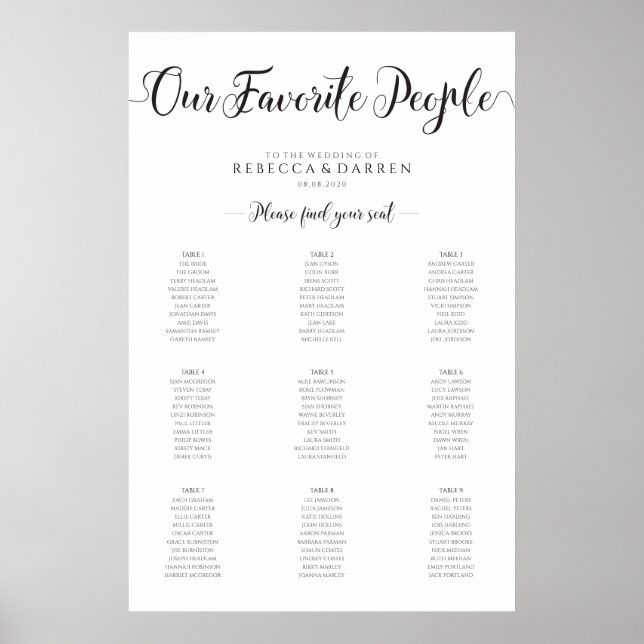 9 Table Wedding Seating Chart Our Favorite People (Front)