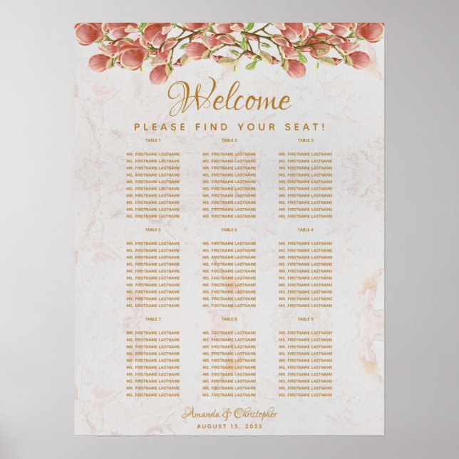 9 Table Wedding Seating Chart Pink Magnolia Marble (Front)