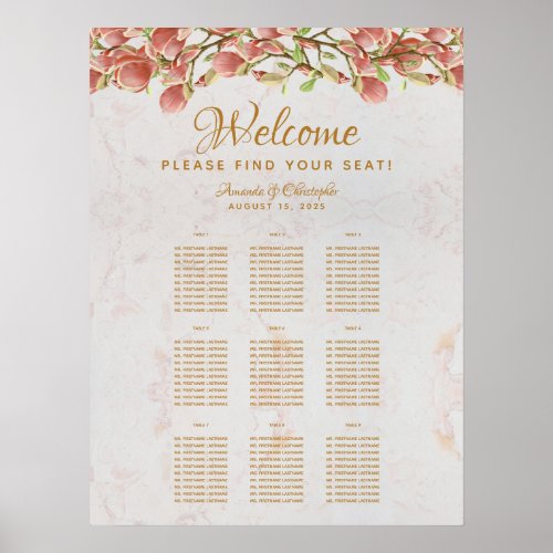 9 Table Wedding Seating Chart Pink Magnolia Marble
