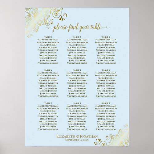 9 Table Wedding Seating Chart Powder Blue  Gold