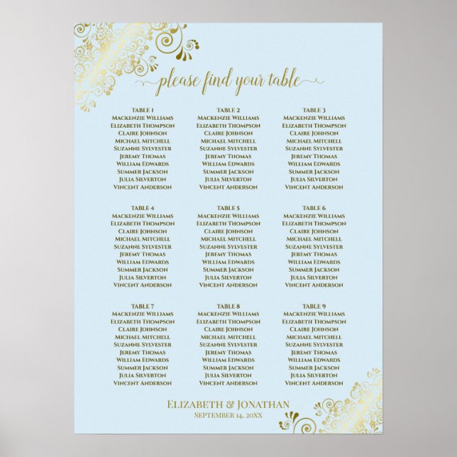 9 Table Wedding Seating Chart Powder Blue & Gold (Front)