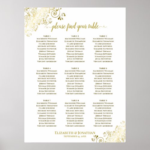 9 Table Wedding Seating Chart White w Gold Frills