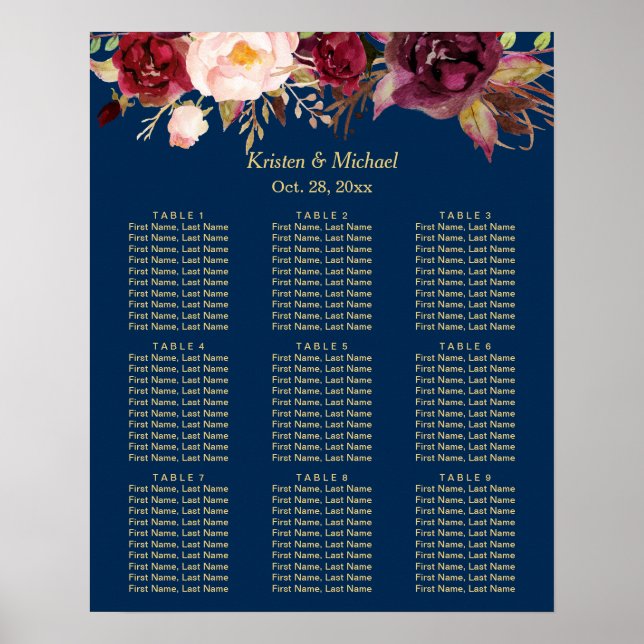 9 Tables Burgundy Floral Wedding Seating Chart (Front)