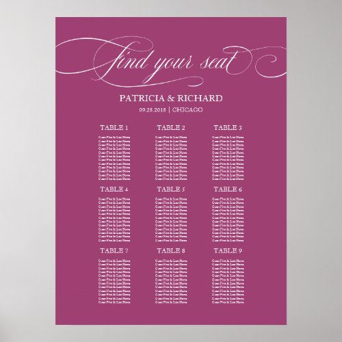 9 Tables Cassis Elegant Wedding Seating Chart