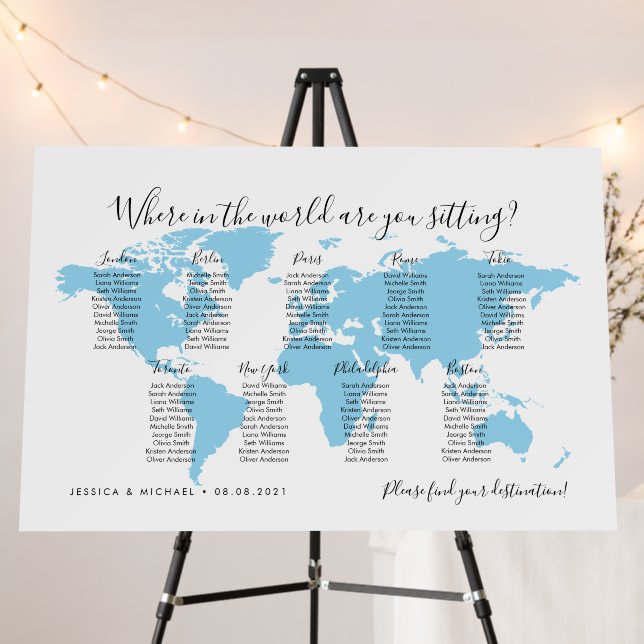 9 Tables Destinations World Map Seating Chart Foam Board (In Situ (Stand))