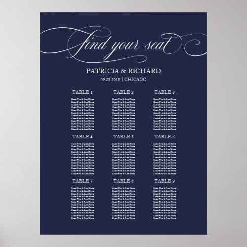 9 Tables Navy Blue Elegant Wedding Seating Chart