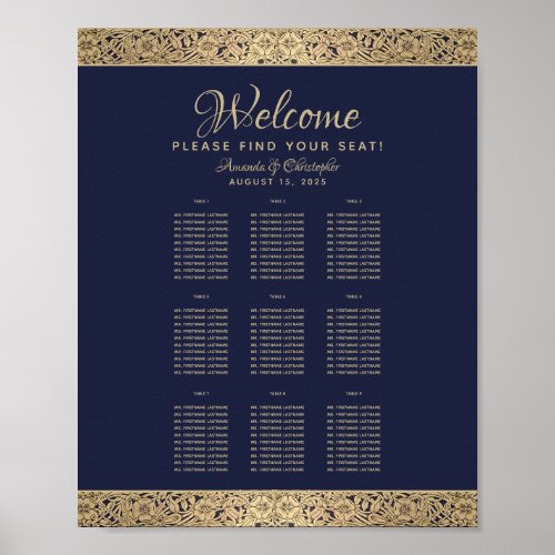 9 Tables Navy Blue Wedding Seating Chart Gold Rose
