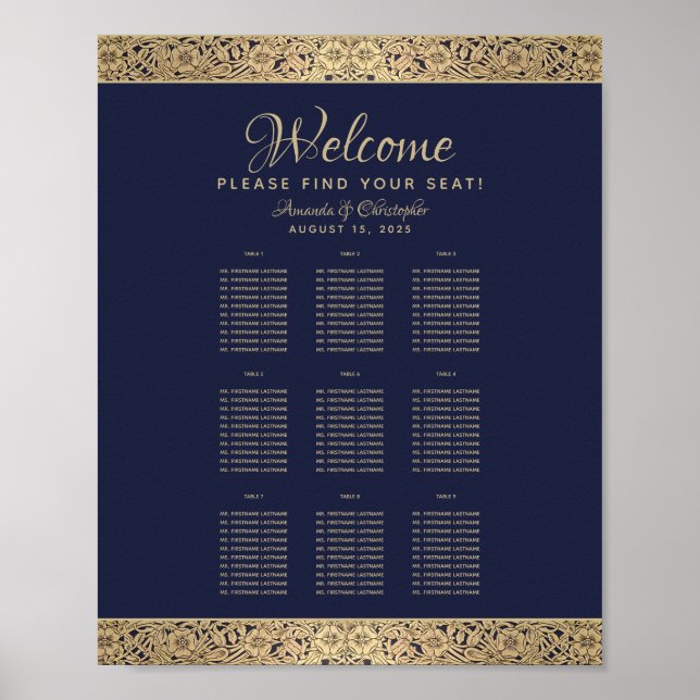 9 Tables Navy Blue Wedding Seating Chart Gold Rose (Front)