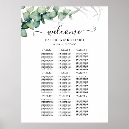 9 Tables Rustic Greenery Wedding Seating Chart