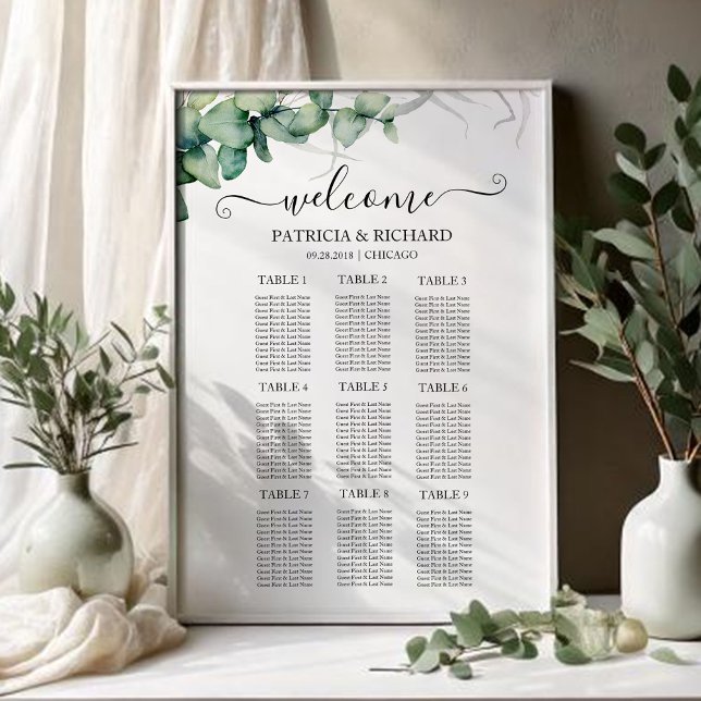 9 Tables Rustic Greenery Wedding Seating Chart (Creator Uploaded)
