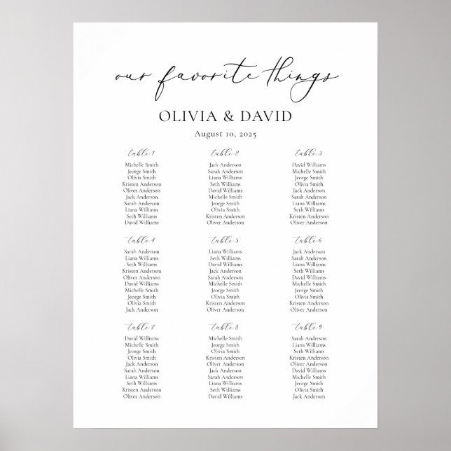 9 Tables Simple Our Favorite Things Seating Chart (Front)